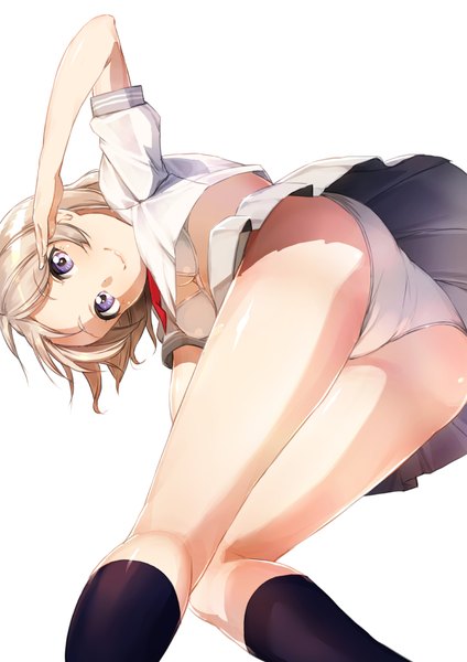 Anime picture 744x1052 with love live! sunshine!! sunrise (studio) love live! watanabe you shinon (sinon non) single tall image looking at viewer fringe short hair light erotic simple background smile brown hair white background purple eyes bent knee (knees) ass pleated skirt from below