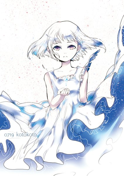 Anime picture 800x1132 with original koto2 single tall image looking at viewer short hair simple background white background bare shoulders signed silver hair pink eyes wind sleeveless girl dress white dress crystal