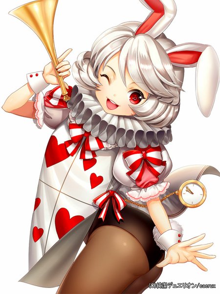 Anime picture 600x800 with junketsu duelion ells (ellsat) single tall image blush short hair open mouth simple background smile red eyes white background animal ears white hair one eye closed wink bunny ears girl dress bow wrist cuffs
