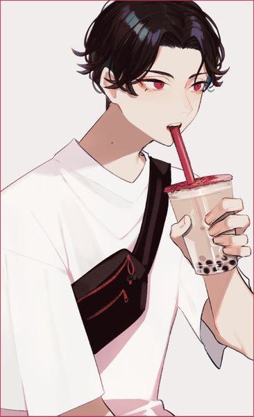 Anime picture 938x1535 with touken ranbu nitroplus buzen gou yamada chickenko single tall image short hair black hair simple background red eyes looking away upper body mole alternate costume drinking boy t-shirt drink fanny pack disposable cup