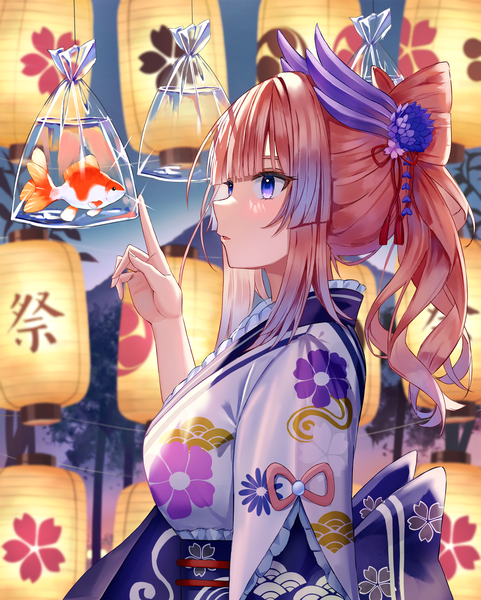 Anime picture 1741x2170 with genshin impact sangonomiya kokomi i ruru single long hair tall image highres blue eyes looking away pink hair upper body traditional clothes japanese clothes profile sparkle girl hair ornament animal obi fish (fishes)
