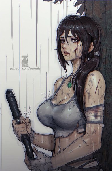 Anime picture 600x910 with tomb raider lara croft paul (shiramune) single long hair tall image breasts black hair large breasts bare shoulders holding signed ponytail parted lips realistic inscription bare belly grey eyes rain injury