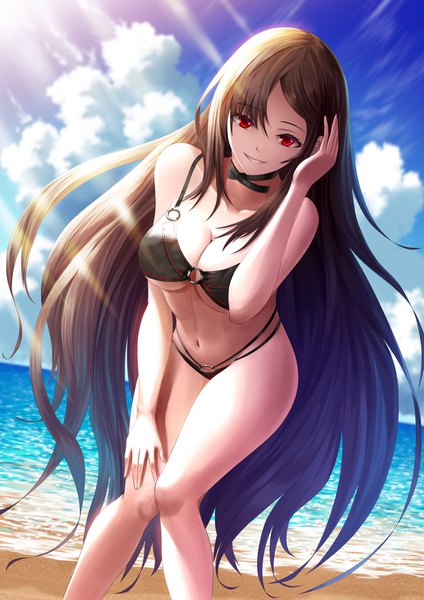 Anime picture 2480x3508 with fate (series) fate/grand order yu mei-ren (fate) fujifuji924 single tall image looking at viewer fringe highres breasts light erotic smile hair between eyes red eyes brown hair large breasts standing bare shoulders sky cloud (clouds)