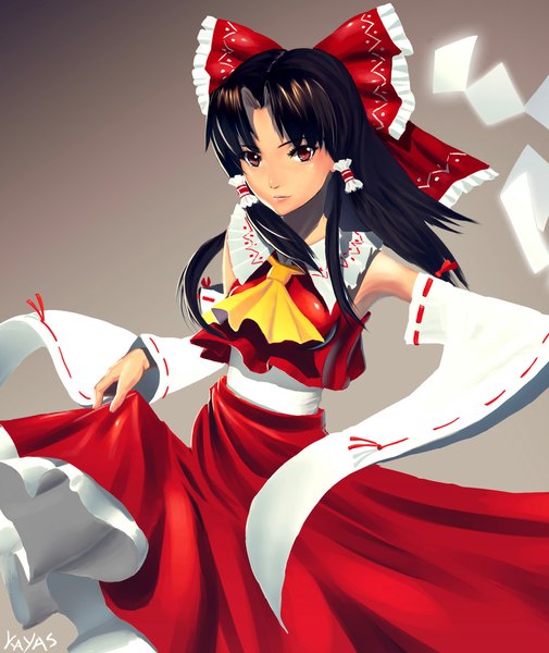 Anime picture 1000x1188 with touhou hakurei reimu kayas single long hair tall image looking at viewer simple background red eyes brown hair signed grey background close-up miko girl skirt bow hair bow detached sleeves skirt set