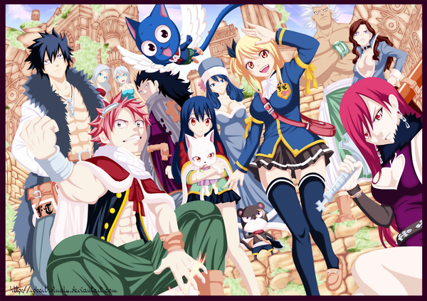 Anime picture 1920x1358 with fairy tail lucy heartfilia erza scarlet natsu dragneel gray fullbuster wendy marvell juvia lockser happy (fairy tail) mirajane strauss gajeel redfox charle (fairy tail) lisanna strauss cana alberona panther lily elfman strauss dartroberth highres light erotic black hair smile
