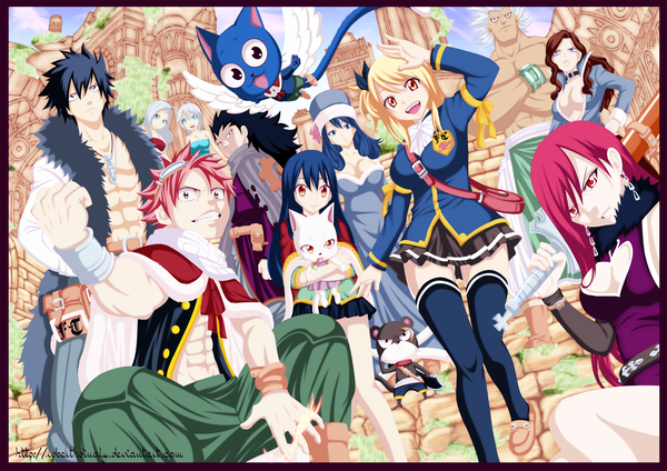 Anime-Bild 1920x1358 mit fairy tail lucy heartfilia erza scarlet natsu dragneel gray fullbuster wendy marvell juvia lockser happy (fairy tail) mirajane strauss gajeel redfox charle (fairy tail) lisanna strauss cana alberona panther lily elfman strauss dartroberth highres light erotic black hair smile