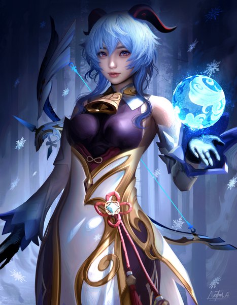 Anime picture 2000x2568 with genshin impact ganyu (genshin impact) naufal amanda single tall image looking at viewer fringe highres short hair breasts hair between eyes large breasts standing bare shoulders brown eyes signed blue hair outdoors horn (horns) light smile