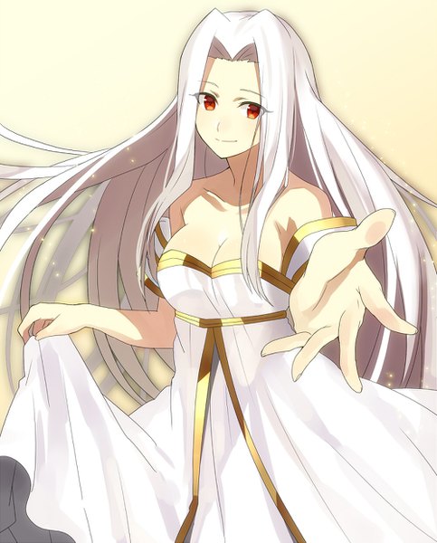 Anime picture 1000x1241 with fate (series) fate/zero irisviel von einzbern sanae (satansanae) single long hair tall image looking at viewer blush breasts light erotic simple background smile red eyes large breasts standing bare shoulders holding payot cleavage