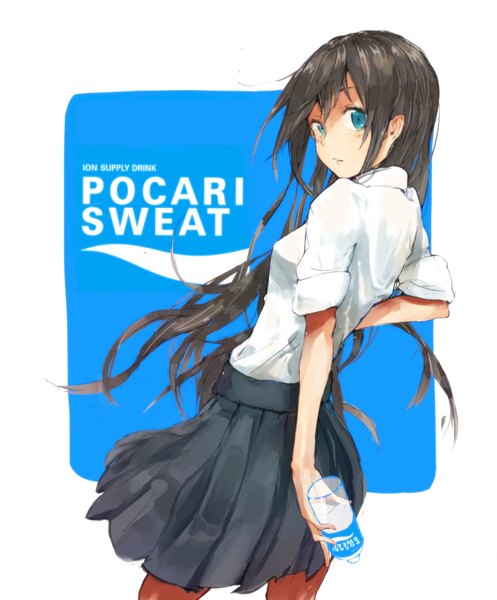 Anime picture 1800x2173 with original pocari sweat taxi (owp) single long hair tall image highres standing holding pleated skirt looking back aqua eyes wind inscription twisty sleeves dark hair girl skirt miniskirt shirt