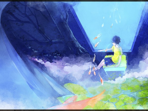 Anime picture 1200x900 with original starry11 short hair sitting blue hair smoke hair over eyes fog boy plant (plants) tree (trees) water shorts window grass fish (fishes) water lily