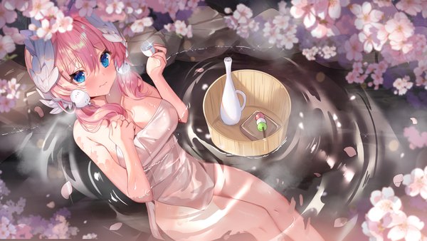 Anime picture 8000x4500 with virtual youtuber indie virtual youtuber sakurada hane shanguier single long hair looking at viewer blush fringe highres breasts blue eyes light erotic hair between eyes wide image large breasts sitting twintails holding pink hair