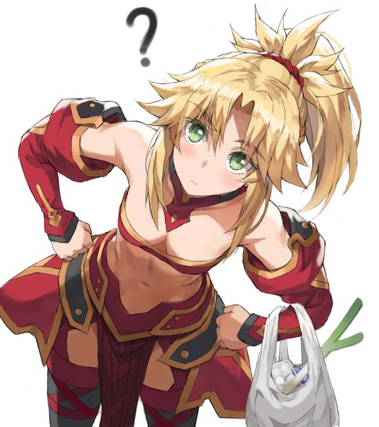 Anime picture 1067x1200 with fate (series) fate/grand order mordred (fate) tonee single tall image looking at viewer blush fringe short hair breasts light erotic simple background blonde hair hair between eyes standing white background bare shoulders green eyes payot