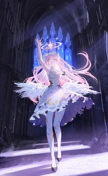Anime picture 1261x2046 with blue archive mika (blue archive) konatsu hare single long hair tall image yellow eyes pink hair full body indoors arm up sunlight torn clothes looking up white wings bloody clothes low wings girl dress pantyhose