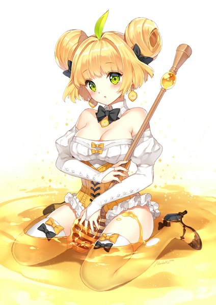 Anime picture 707x1000 with original nardack single tall image looking at viewer blush short hair blonde hair white background bare shoulders green eyes hair bun (hair buns) girl thighhighs dress bow white thighhighs honey