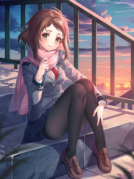 Anime-Bild 1100x1465 mit boku no hero academia studio bones uraraka ochako kinty single tall image looking at viewer blush fringe short hair breasts smile brown hair sitting brown eyes payot sky cloud (clouds) full body ahoge