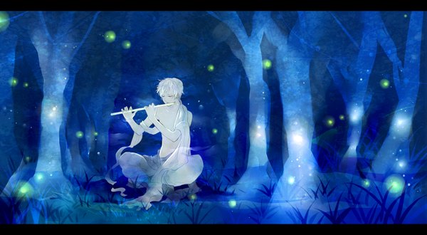 Anime picture 1600x880 with original sanrindou single short hair wide image sitting white hair eyes closed night topless boy plant (plants) tree (trees) grass forest musical instrument fireflies flute