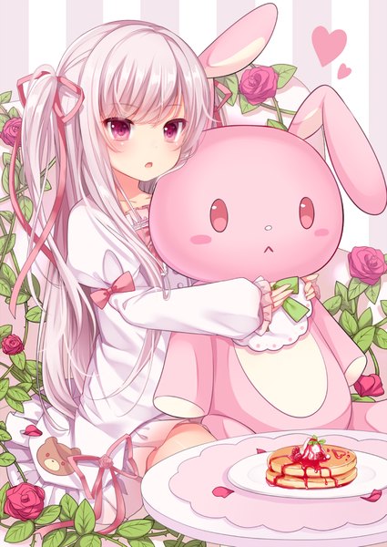 Anime picture 700x988 with original nachi single long hair tall image looking at viewer blush open mouth purple eyes white hair loli hug cute hug from behind striped background :< girl dress flower (flowers) ribbon (ribbons)
