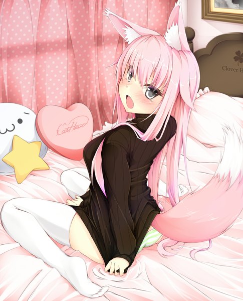 Anime picture 949x1175 with original jougen single long hair tall image looking at viewer blush open mouth blue eyes light erotic animal ears pink hair tail animal tail looking back girl thighhighs underwear panties white thighhighs