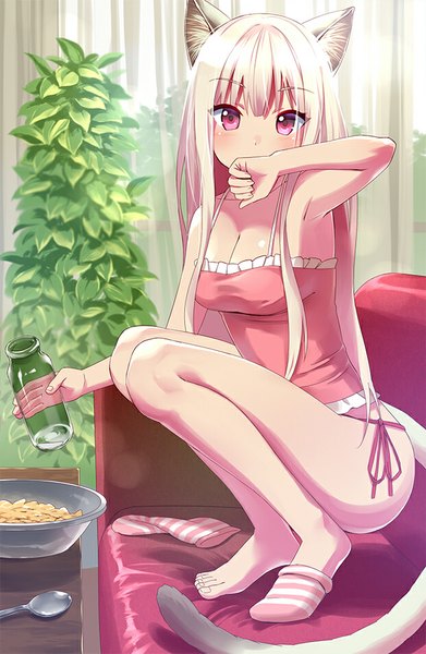 Anime picture 620x950 with original sonsoso single long hair tall image looking at viewer blush fringe breasts light erotic blonde hair holding animal ears indoors tail animal tail pink eyes fingernails cat ears armpit (armpits)