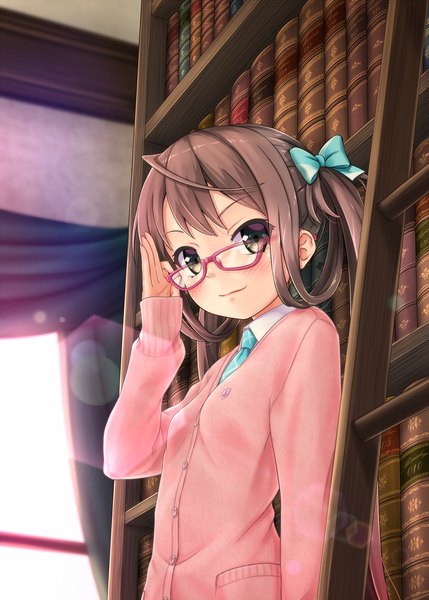 Anime picture 1332x1863 with kantai collection asagumo (kantai collection) gotou hisashi single long hair tall image looking at viewer blush brown hair brown eyes revision girl bow hair bow glasses book (books) sweater