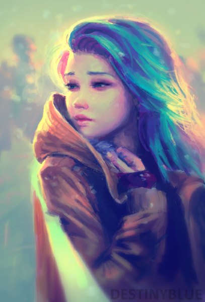 Anime picture 547x805 with original destinyblue single long hair tall image signed blue hair looking away sunlight girl jacket hood