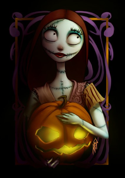 Anime picture 842x1191 with the nightmare before christmas disney sally rafaarsen single long hair tall image looking away lips black eyes orange hair girl vegetables pumpkin stitches