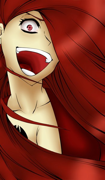 Аниме картинка 1000x1711 с хвост феи flare corona flandre-kun (artist) один (одна) длинные волосы высокое изображение смотрит на зрителя открытый рот красные глаза красные волосы татуировка безумная улыбка девушка