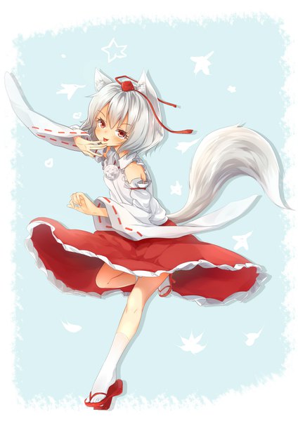 Anime picture 1240x1753 with touhou inubashiri momiji rokuroku single tall image looking at viewer short hair open mouth simple background red eyes standing bare shoulders animal ears silver hair full body tail animal tail shadow standing on one leg frilly skirt