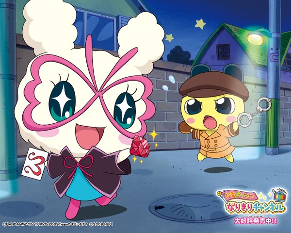 Anime picture 1280x1024 with tamagotchi mametchi lovelin open mouth blue eyes aqua eyes running street window star (symbol) mask coat fence house lamppost handcuffs