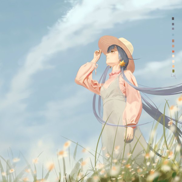 Anime picture 3000x3000 with vocaloid xingchen leiq single highres brown eyes sky cloud (clouds) very long hair profile wind grey hair looking up adjusting hat girl flower (flowers) hat flower field chamomile