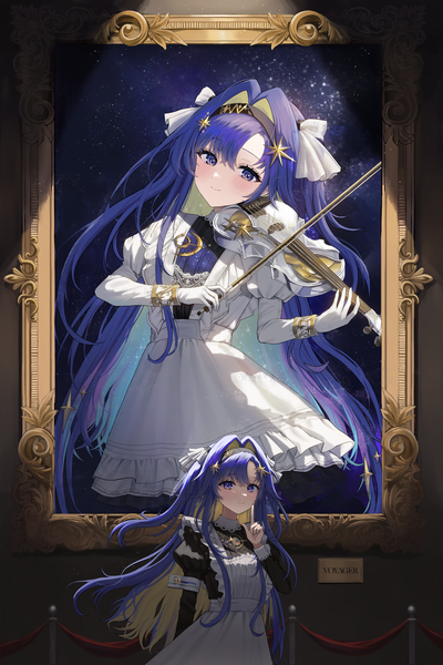 Anime picture 5000x7500 with reverse:1999 voyager (reverse:1999) kuuhaku (wutt5584) single long hair tall image looking at viewer highres smile purple eyes absurdres purple hair maid two side up playing instrument girl dress gloves uniform white gloves