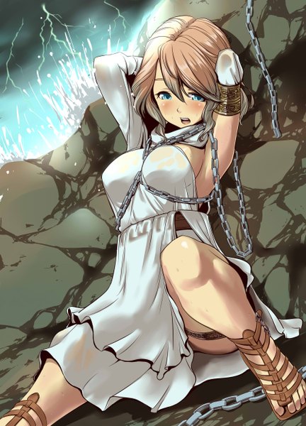Anime picture 1800x2500 with original nekotama1987 single tall image blush highres short hair open mouth blue eyes light erotic brown hair girl chain sandals