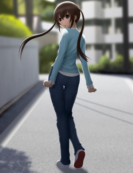 Anime picture 1000x1300 with minami-ke minami kana siraha single long hair tall image black hair twintails brown eyes looking back 3d girl jeans blue jeans