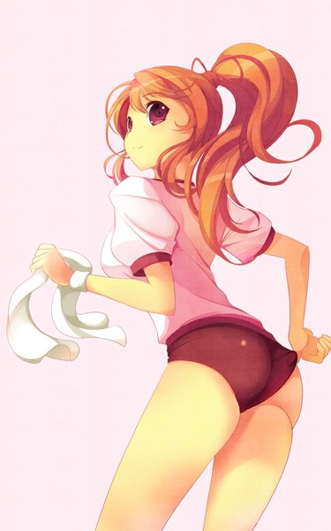 Anime picture 625x1000 with original koflif long hair tall image light erotic simple background red eyes white background ass ponytail looking back orange hair girl uniform gym uniform towel