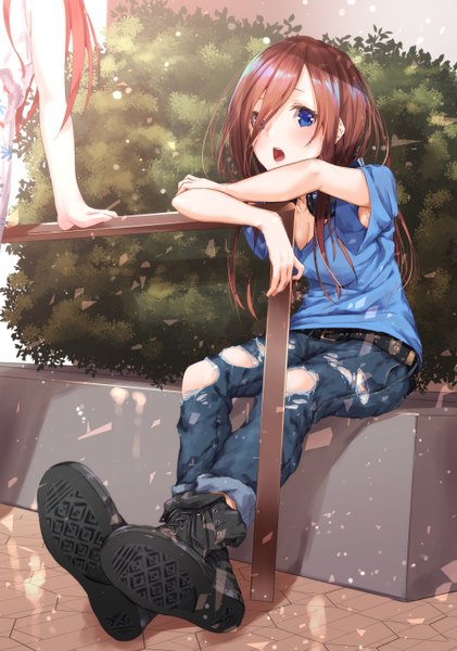 Anime picture 1000x1426 with go-toubun no hanayome nakano miku sahara386 long hair tall image blush fringe breasts open mouth blue eyes brown hair sitting cleavage full body outdoors hair over one eye alternate costume torn clothes solo focus head rest