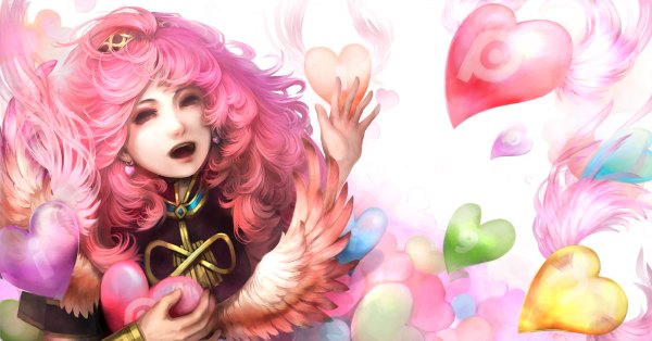 Anime picture 1200x628 with vocaloid megurine luka youshun (naturaljuice) single long hair open mouth wide image pink hair pink eyes girl earrings wings heart