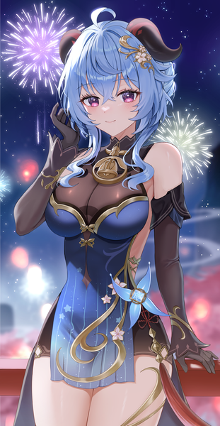 Anime picture 1266x2446 with genshin impact ganyu (genshin impact) ganyu (twilight blossom) (genshin impact) ien (to yen) single long hair tall image looking at viewer blush fringe breasts light erotic smile hair between eyes large breasts standing purple eyes bare shoulders blue hair ahoge