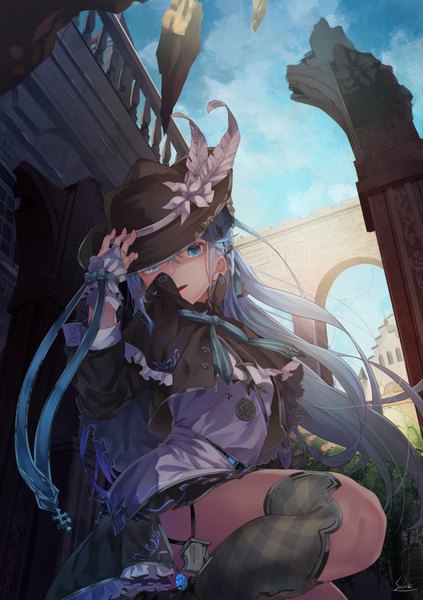 Anime picture 1198x1700 with original lee-chan (saraki) saraki single long hair tall image fringe open mouth blue eyes smile hair between eyes signed payot blue hair sky cloud (clouds) bent knee (knees) outdoors from below kneeling