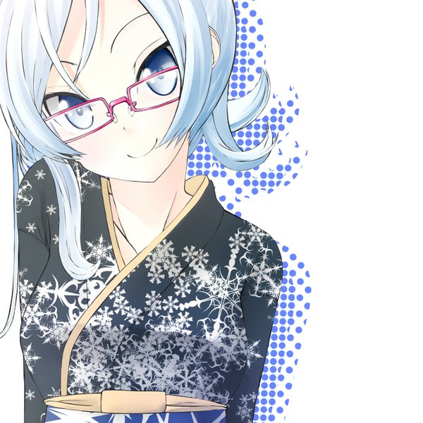 Anime picture 1500x1500 with original nekobaka single looking at viewer blue eyes smile blue hair japanese clothes girl glasses kimono