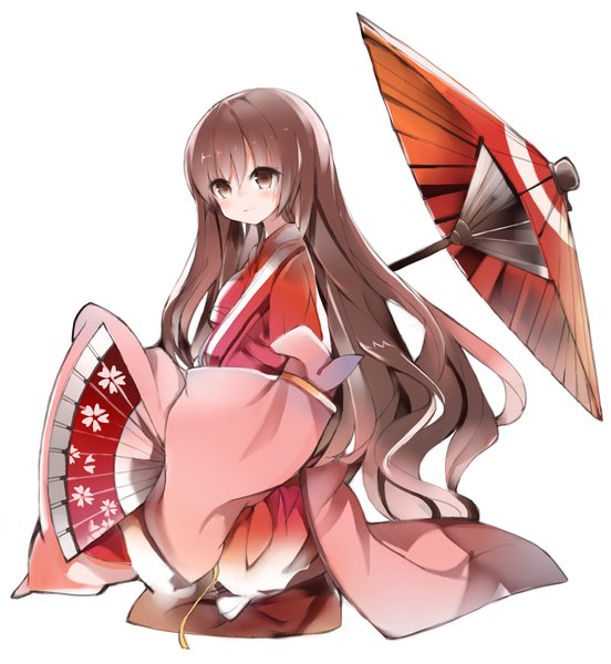 Anime picture 1200x1303 with original kotatu (akaki01aoki00) single tall image blush fringe simple background brown hair white background sitting brown eyes looking away very long hair traditional clothes japanese clothes light smile wavy hair girl detached sleeves kimono