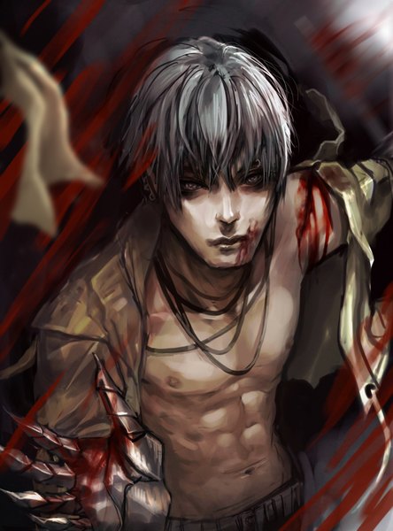 Anime picture 1408x1900 with genki-de single tall image short hair blue hair realistic open clothes open shirt topless injury mechanical parts cuts boy navel blood claws