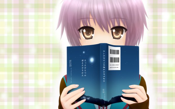 Anime picture 2560x1600 with suzumiya haruhi no yuutsu kyoto animation nagato yuki highres wide image girl book (books)