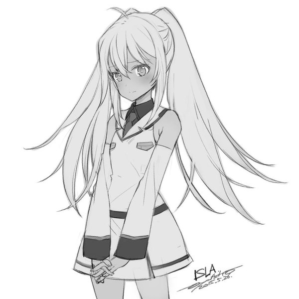 Anime picture 900x900 with plastic memories isla (plastic memories) oyari ashito single long hair blush fringe simple background hair between eyes standing white background twintails bare shoulders signed payot looking away ahoge long sleeves head tilt grey hair