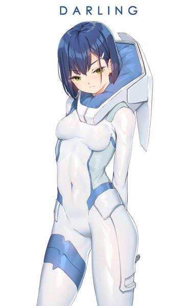 Anime picture 900x1435 with darling in the franxx studio trigger ichigo (darling in the franxx) fangxiang cuoluan single tall image fringe short hair breasts light erotic simple background white background green eyes blue hair looking away covered navel hands behind back girl navel bodysuit