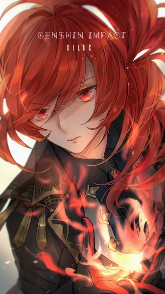 Anime picture 900x1600 with genshin impact diluc ragnvindr nemumi no sora single long hair tall image fringe hair between eyes red eyes looking away upper body red hair copyright name character names low ponytail boy tassel fire