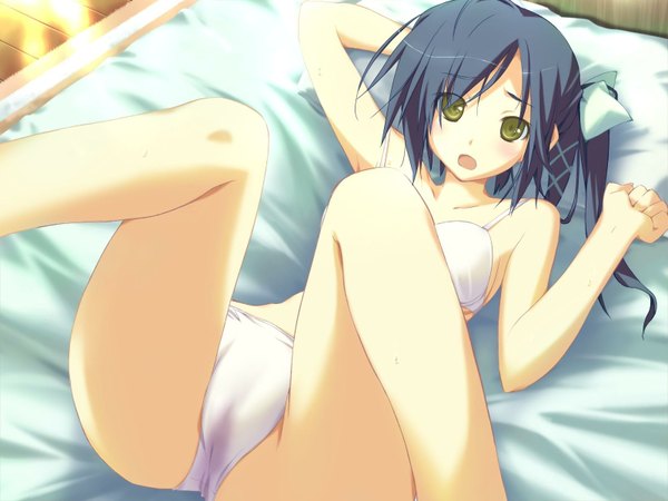 Anime picture 1600x1200 with happy margaret nishinomiya shizuru kokonoka long hair open mouth light erotic black hair green eyes game cg lying underwear only side ponytail girl underwear panties lingerie bra white panties bed white bra