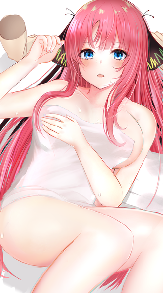 Anime picture 1469x2633 with go-toubun no hanayome nakano nino efuri (riarea00) single long hair tall image looking at viewer blush fringe breasts open mouth light erotic simple background hair between eyes large breasts white background bare shoulders payot pink hair bent knee (knees)