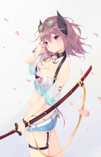 Anime picture 1100x1700 with azur lane kirishima (azur lane) kirishima (summery audacity) (azur lane) t-bth single tall image blush fringe short hair breasts light erotic simple background hair between eyes large breasts standing purple eyes bare shoulders holding purple hair ass