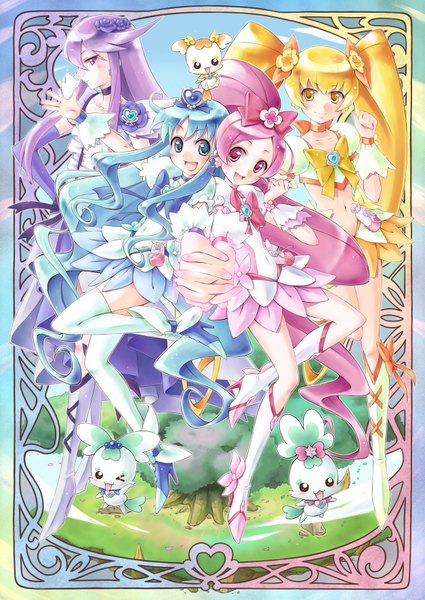 Anime picture 2507x3541 with precure heartcatch precure! futari wa pretty cure toei animation higashi setsuna tsukikage yuri cure sunshine momozono love cure moonlight aoi satogo (artist) tall image highres blue eyes blonde hair twintails purple eyes multiple girls yellow eyes blue hair pink hair