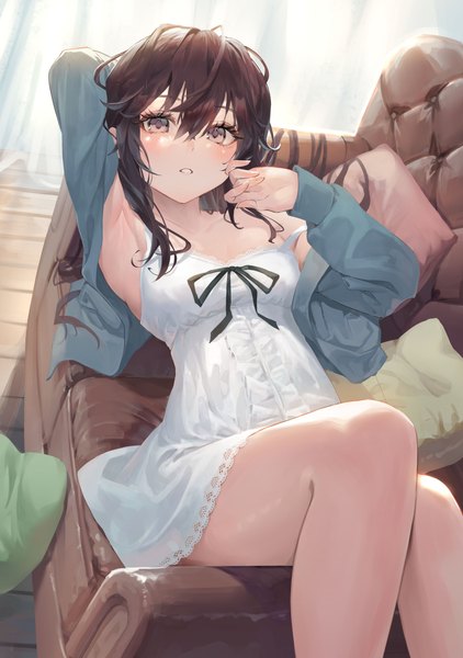 Anime picture 2881x4096 with original kinoruru toiro single long hair tall image blush fringe highres breasts light erotic hair between eyes brown hair brown eyes indoors parted lips off shoulder arms up armpit (armpits) arm behind head strap slip